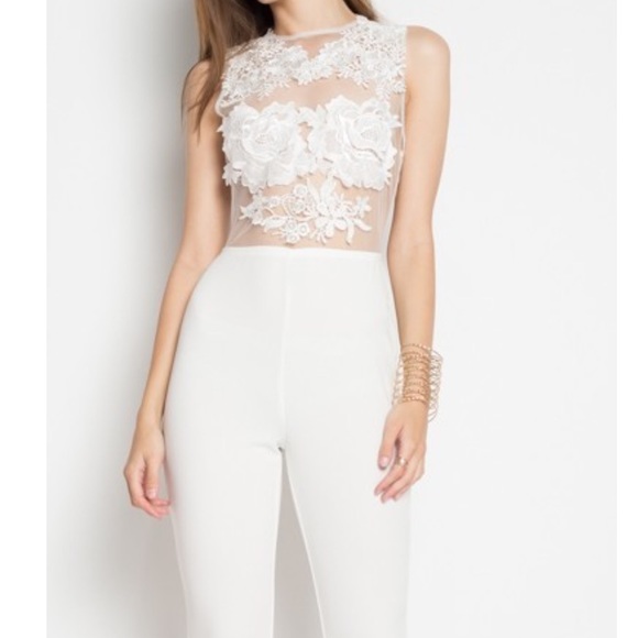 White Sheer Front Sexy Floral Jumpsuit - Picture 2 of 4